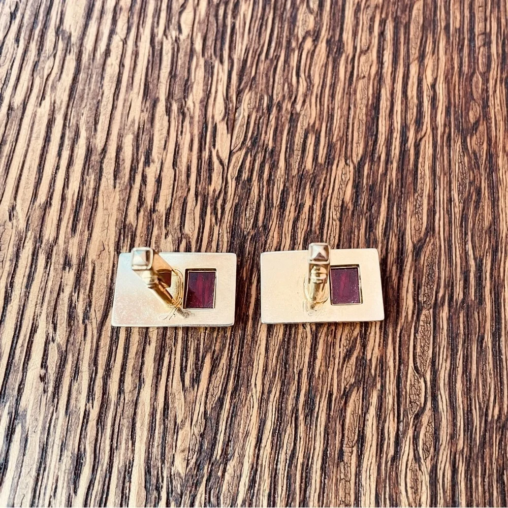 Anson Vintage Gold Tone Fuchsia Lucite Inset Tie Bar Cufflink Set Mid-Century